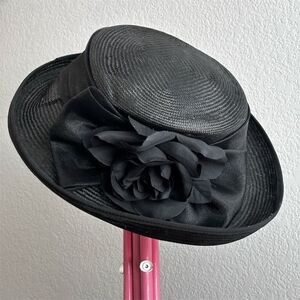 Vintage Women's Black Hat Floral Rosette Elegant Formal Spring